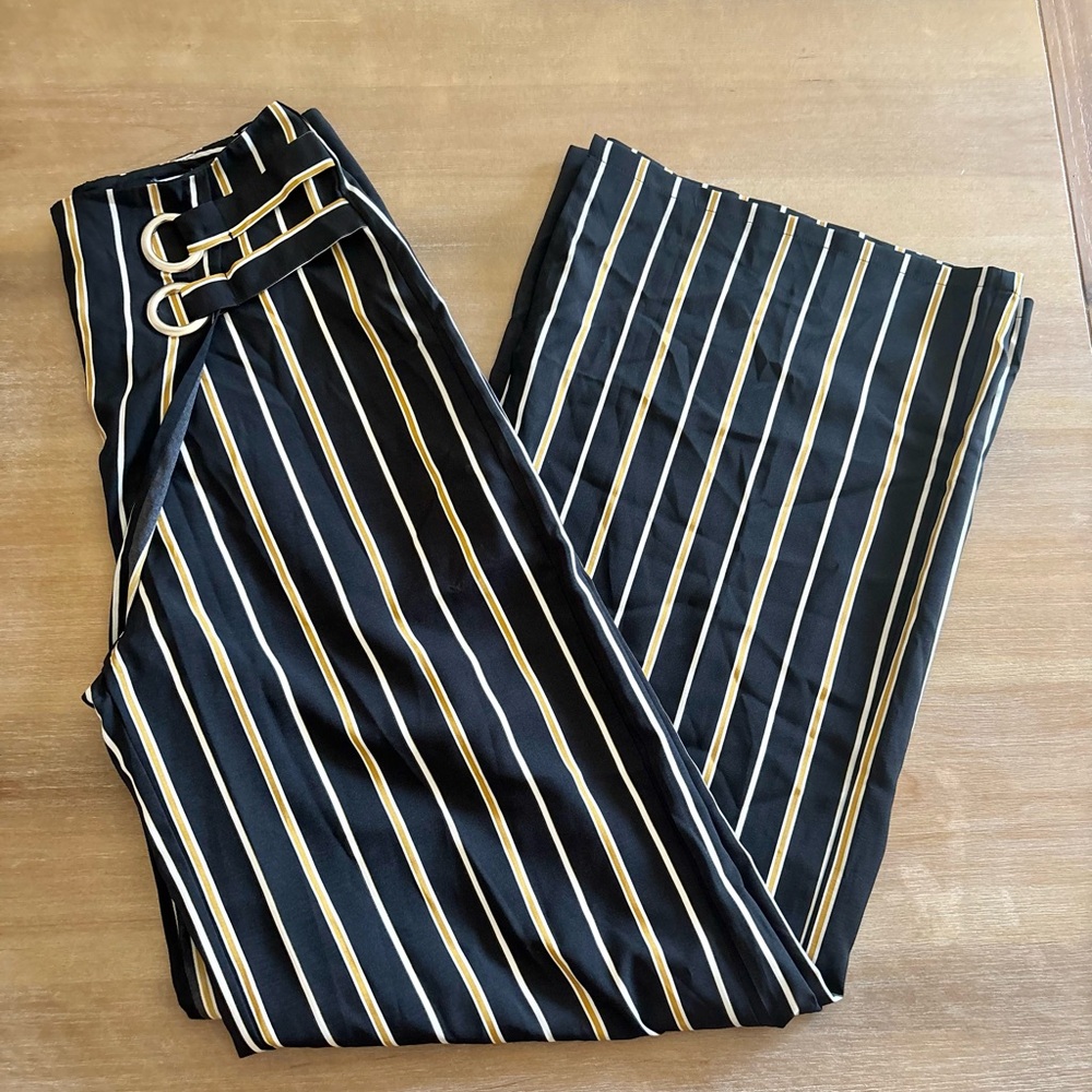 Lulumari Striped Wide Leg Pants Waist Accent, Black White Yellow, Small